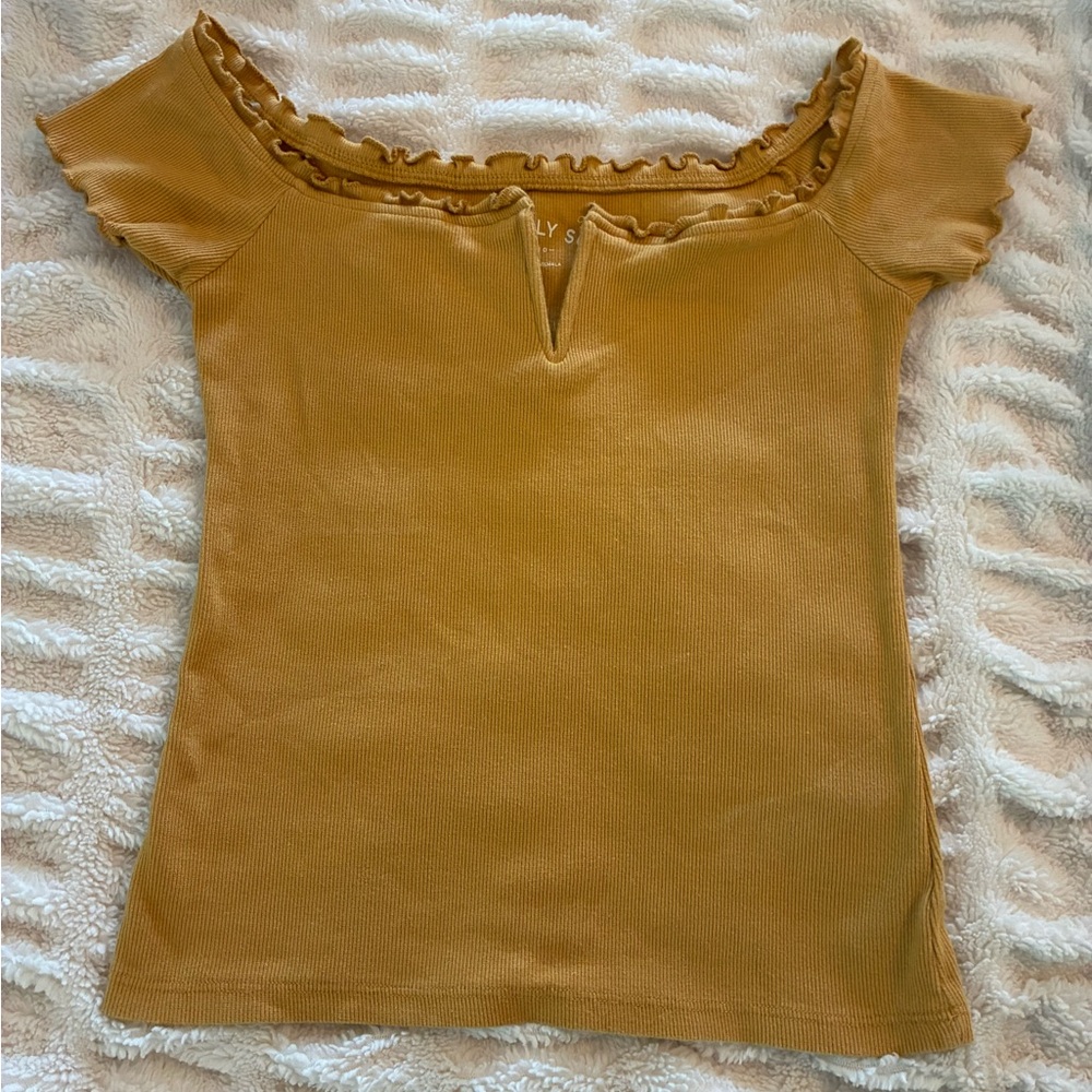 Ruffled Mustard Colored Aero Brand Top from Seriously Soft Collection